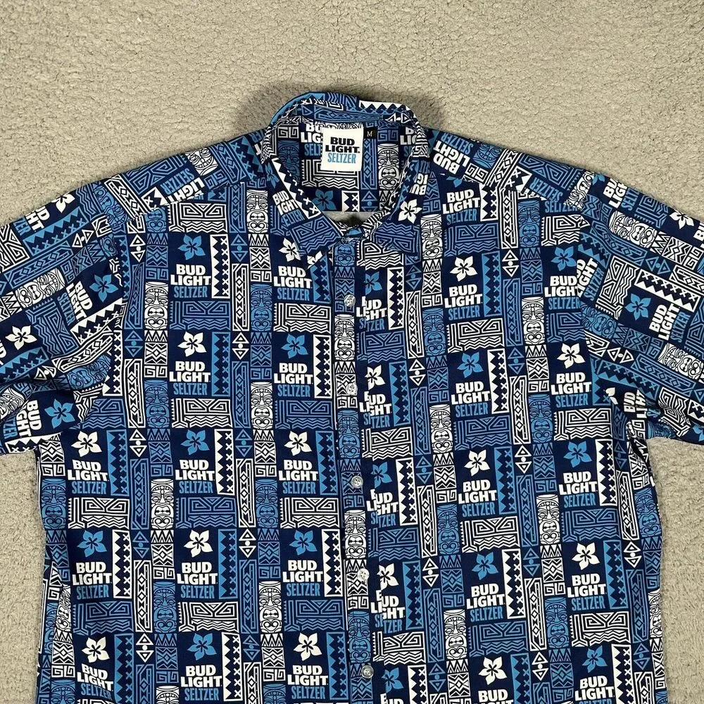 Bud Light Seltzer Shirt Mens Medium Blue‎ Hawaiian Tiki All Over Print Polyester